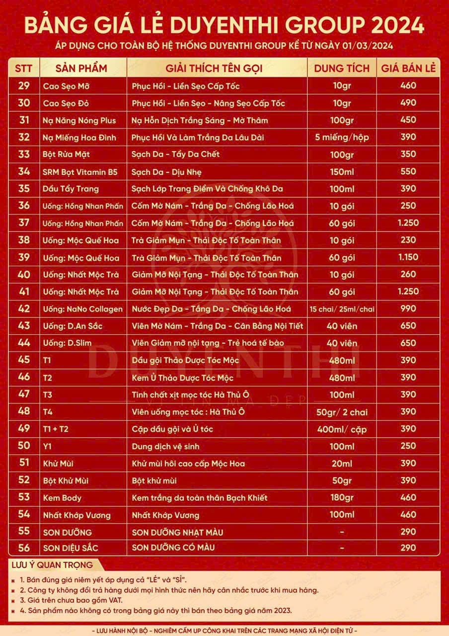 Bảng giá bán lẻ mỹ phẩm Duyên Thị Bách Y Sâm