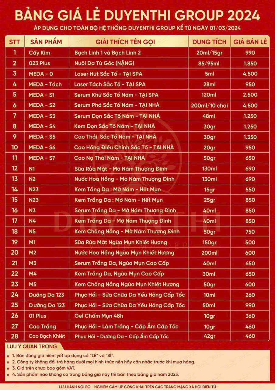 Bảng giá bán lẻ mỹ phẩm Duyên Thị
